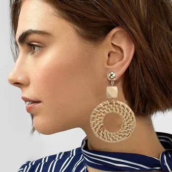 

New Fashion Korea Handmade Geometric Wooden Big Hollow Out Square Rattan Straw Weave Drop Earrings for Women2019