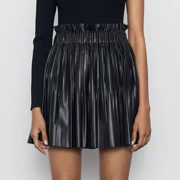 

Women Elegant Elastic Waist Pleated Skirts Black High Street Mini Skirts Solid Sexy Faux Leather Skirt