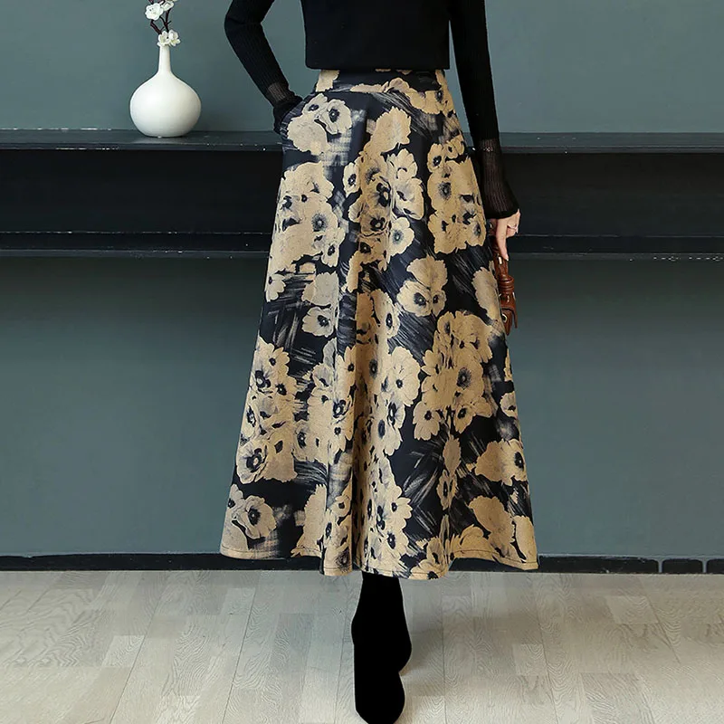 

New Fashion Elastic High Waist Floral Print Winter Wool Skirt Casual A-Line Slim Retro Style Elegant Long Skirt Woman Fall 2020