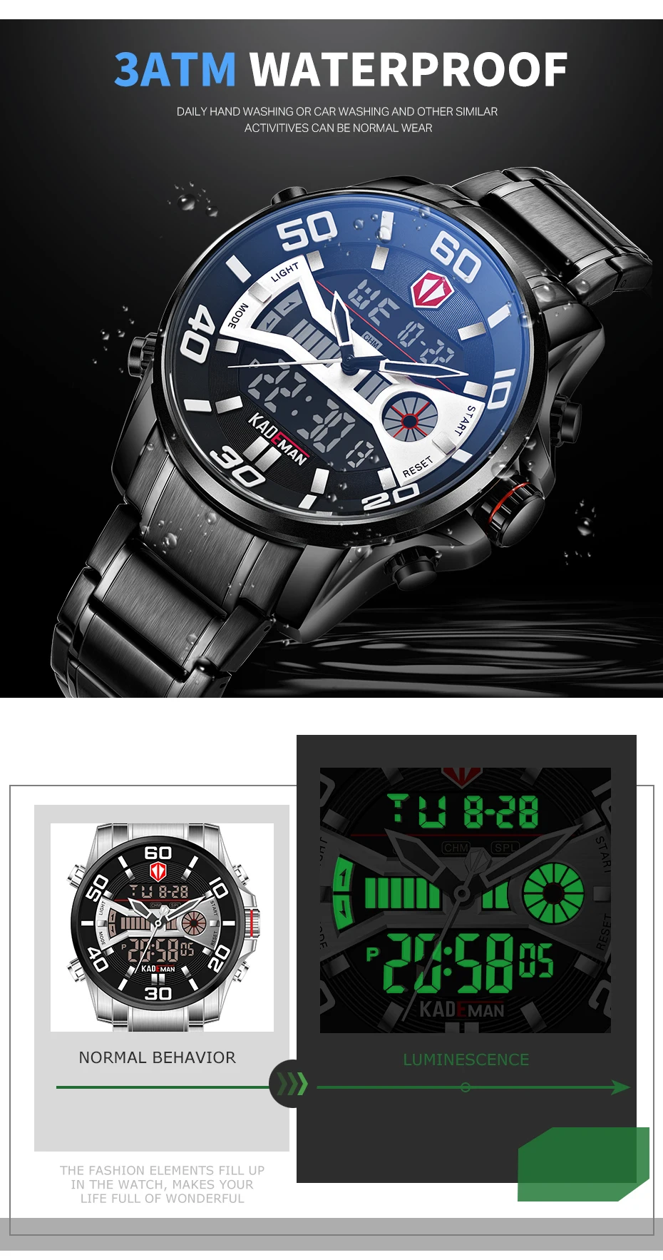 KADEMAN модные мужские часы Роскошные Цифровые светодиодный часы с двумя дисплеями спортивные повседневные деловые наручные часы 3ATM полная сталь K6171