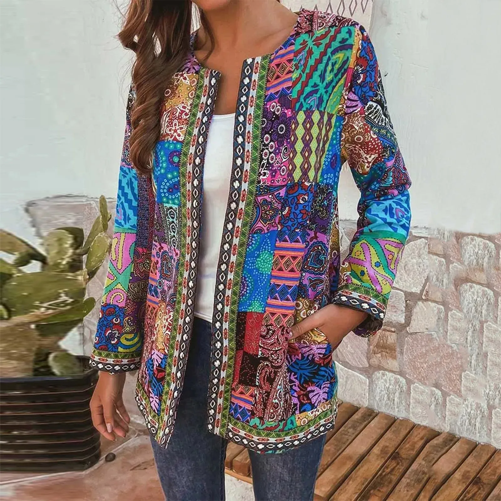 Повседневная Женская куртка с ацтекским принтом винтажная Модная хлопковая