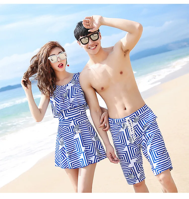 

2017 Bathing Suit Women's Slimming Belly Covering Conservative Couples Bathing Suit Striped Skirt-One-piece MEN'S Beach Shorts S