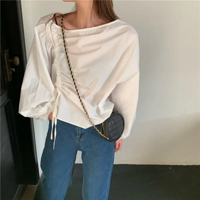 

Alien Kitty Autumn All-Match Drawstring Sweet Batwing Sleeves Skew-Collar Office Ladies High Quality Simple Loose Solid Shirts
