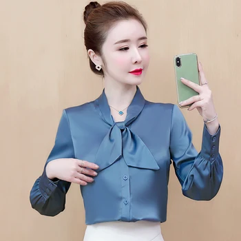 

COIGARSAM Full Sleeve Shirt Womens tops New Spring Bow Belt Women shirts White Green Blue Light Grey 606