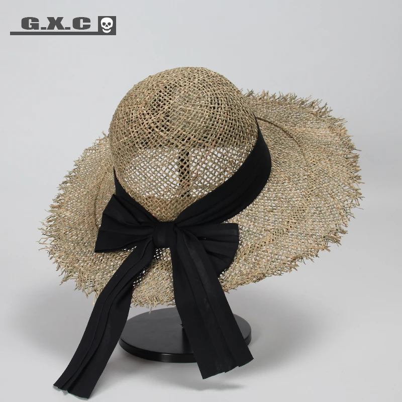 Korean knitted straw hat for women travel beach hats women with bow sun protection caps for ladies summer hats wide brim hat