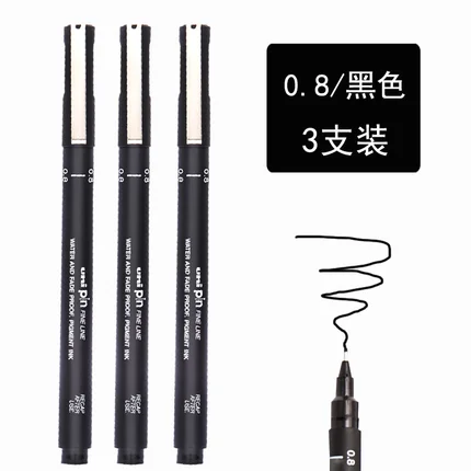 0.8 Uni чертежная ручка штифт 3 шт. вытяжной Канат с ручной росписью Pen комиксов линия маркер 0,05/0,1/0,2/0,3/0,5/0,8 Водонепроницаемый искусство студент - Цвет: 0.8