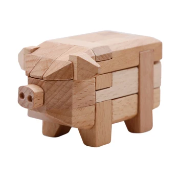 

New 11cm Wooden Luban Jigsaw Lock Zodiac Pig Puzzle Educational Model Toy Animal Decoration Home Ornaments - Beech/ Black Walnut