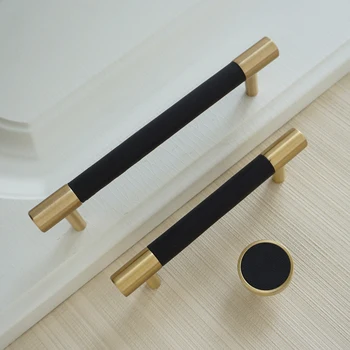 

3.75" 5" Black Leather Door Pull Handles Copper Cabinet Wardrobe Handle Round Cupboard Drawer Knobs 96mm 128mm Hardware