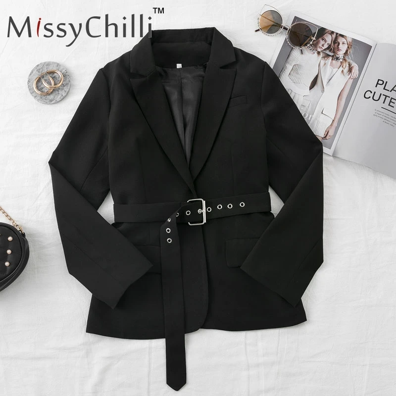 MissyChilli черный длинный рукав карман пояс элегантный костюм куртка для женщин отложной воротник блейзер Сексуальная Женская Осенняя верхняя одежда Блейзер