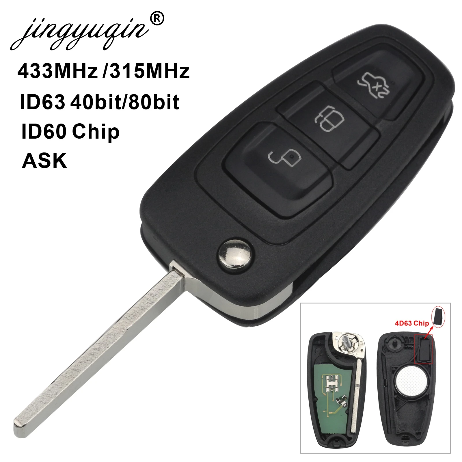 Ключ дистанционного управления автомобилем Jingyuqin 315/434 МГц чип ID63 для Ford Focus Fiesta ASK