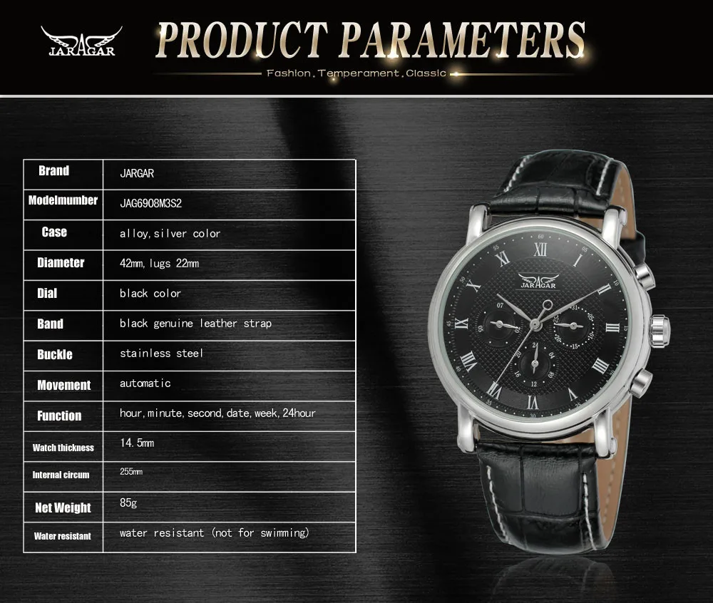 JARAGAR многофункциональные 6 Pin Мужские автоматические механические наручные часы с круглым циферблатом Модные мужские повседневные наручные часы с кожаным ремешком
