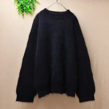 

female Winter black sweaters mink cashmere o-neck pullover angora rabbit fur loose knitted sweater short thick warm clothes