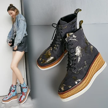 

INS HOT Women ankle Boots natural leather Graffiti printed Wedge heel short boots College style fashion wild women boots