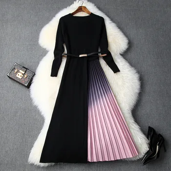 

European and American women's clothing 2019 winter new style Long sleeve fashion belt Patchwork pleated gradient knit dress