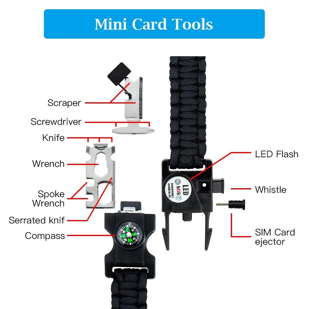 Открытый SOS светодиодный светильник браслет для выживания, Паракорд плетеный канат для мужчин и женщин Кемпинг EDC инструмент аварийный Компас Свисток