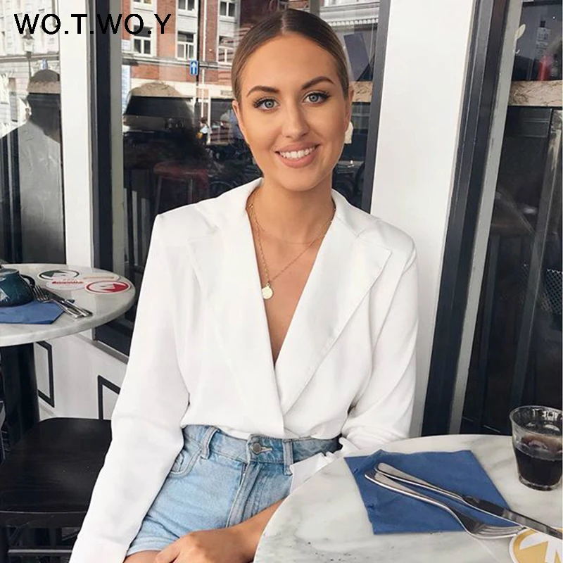 Deep V-Neck White Blouses Women Casual Long Sleeve Blouse Shirts Women Chic Slim Tops Blusas Female Spring Autumn New
