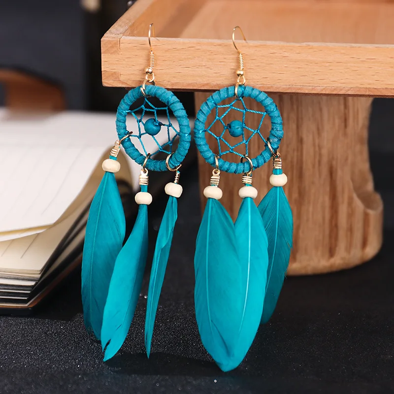 Drop Earrings Bohemian Hollow Dream Catcher Leaf Feather For Women