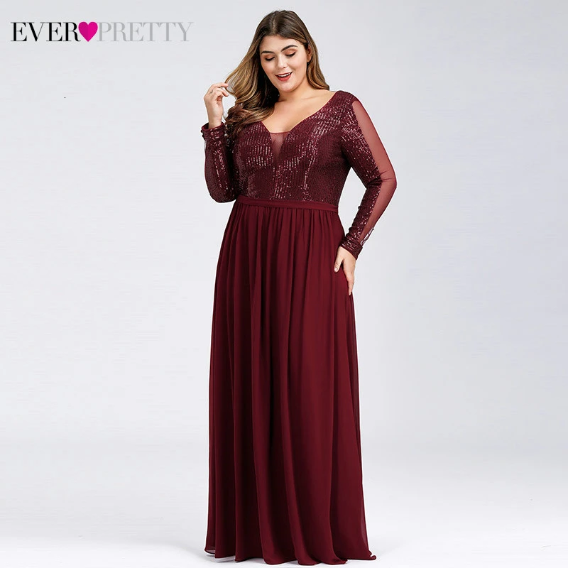 Плюс Размеры Выпускные платья Burgundy Ever Pretty сексуальное нижнее белье с глубоким v-образным вырезом, расшитые блестками, а-силуэт, длинный