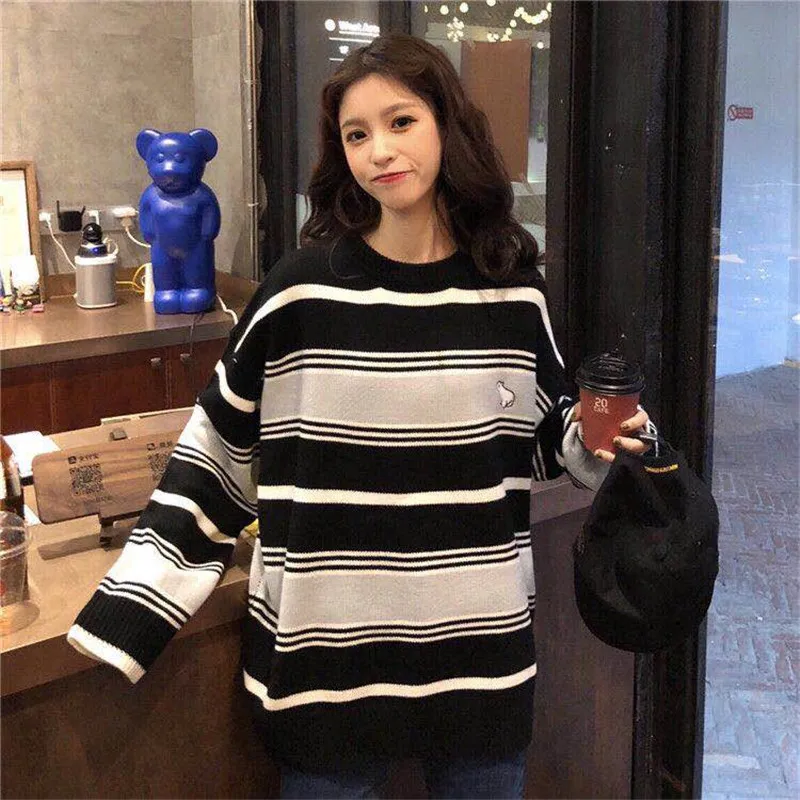 Полосатый Женский Kawaii Ulzzang Винтажный стиль круглый вырез колледж свободный свитер с облачком женский корейский Панк Тонкий милый свободный Harajuku
