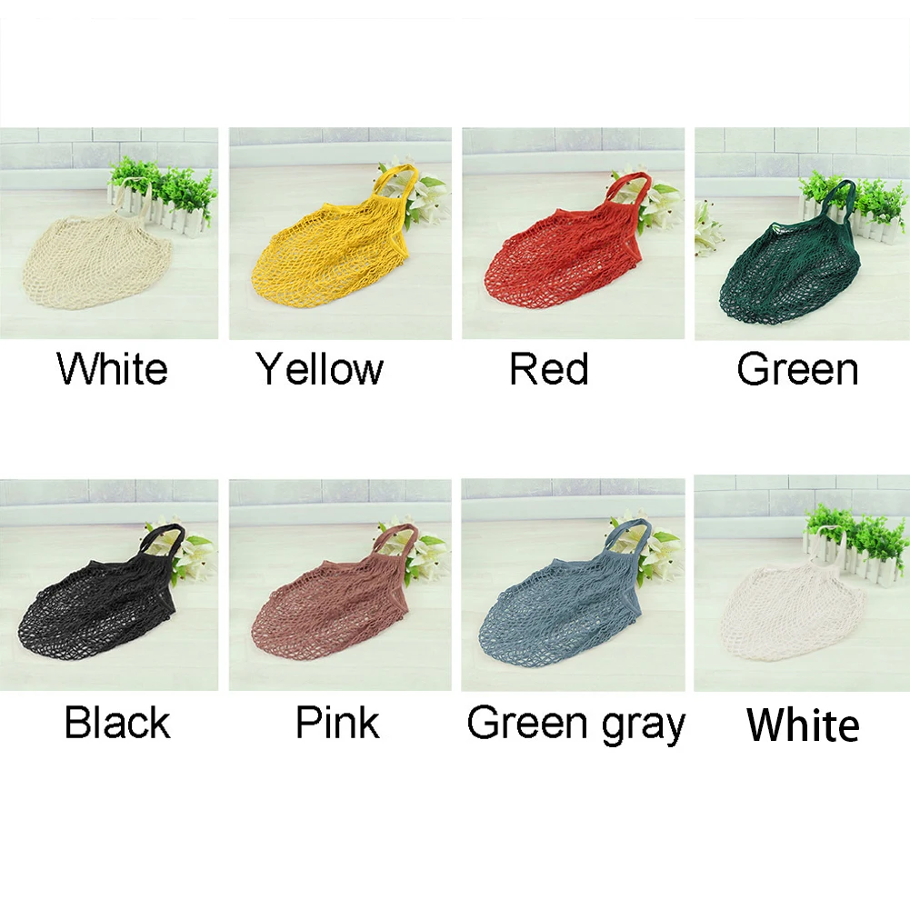 Reusable Cotton Large Capacity Solid Tote Mesh Net Handbag Grocery Fashion Long Fruit Storage Portable Pocket Shopping Bag