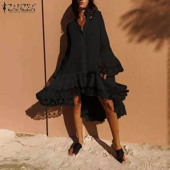 

Fashion ZANZEA Spring Bohemian Sundress Women Solid Lace Patchwork Dress Long Sleeve Party Ruffle Irregular Vestidos Female Robe