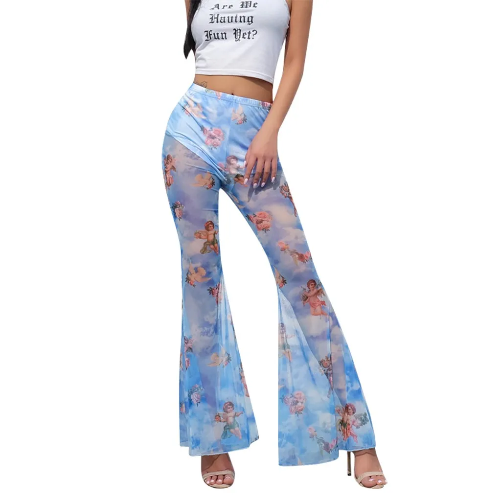 Feitong Mujer Sexy Transparente Campana Inferior Pantalones Alta