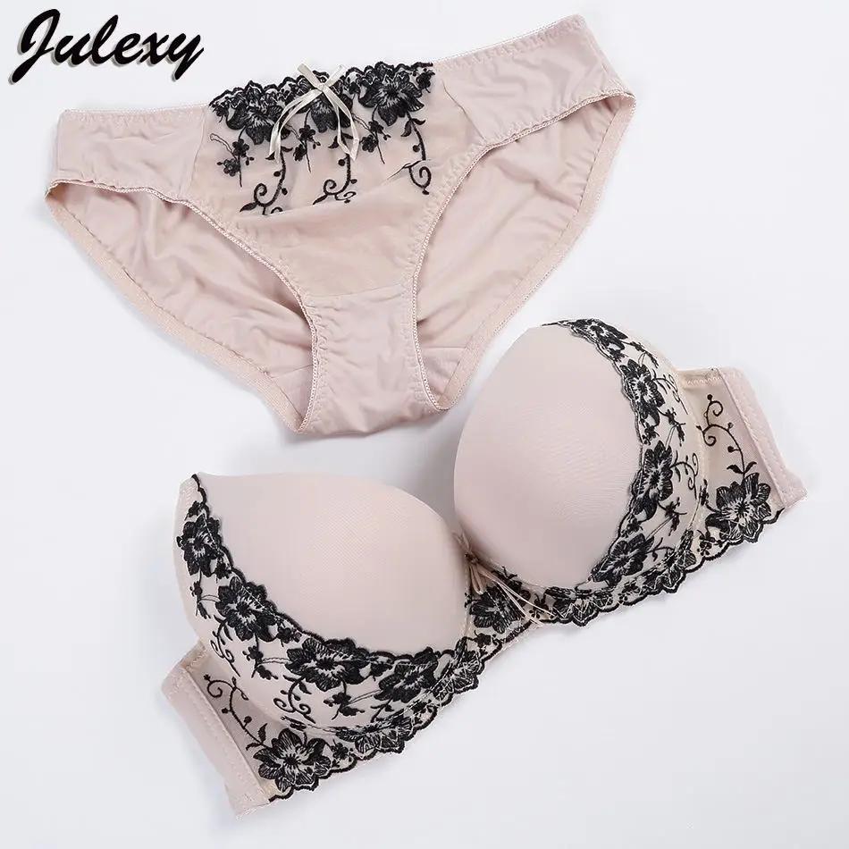 Julexy, новинка, пуш-ап, кружевное нижнее белье, набор трусиков, вышивка, BCD, женский бюстгальтер, набор, Франция, большой размер, бюстгальтер, короткие наборы, хлопок, сексуальный - Цвет: Бежевый