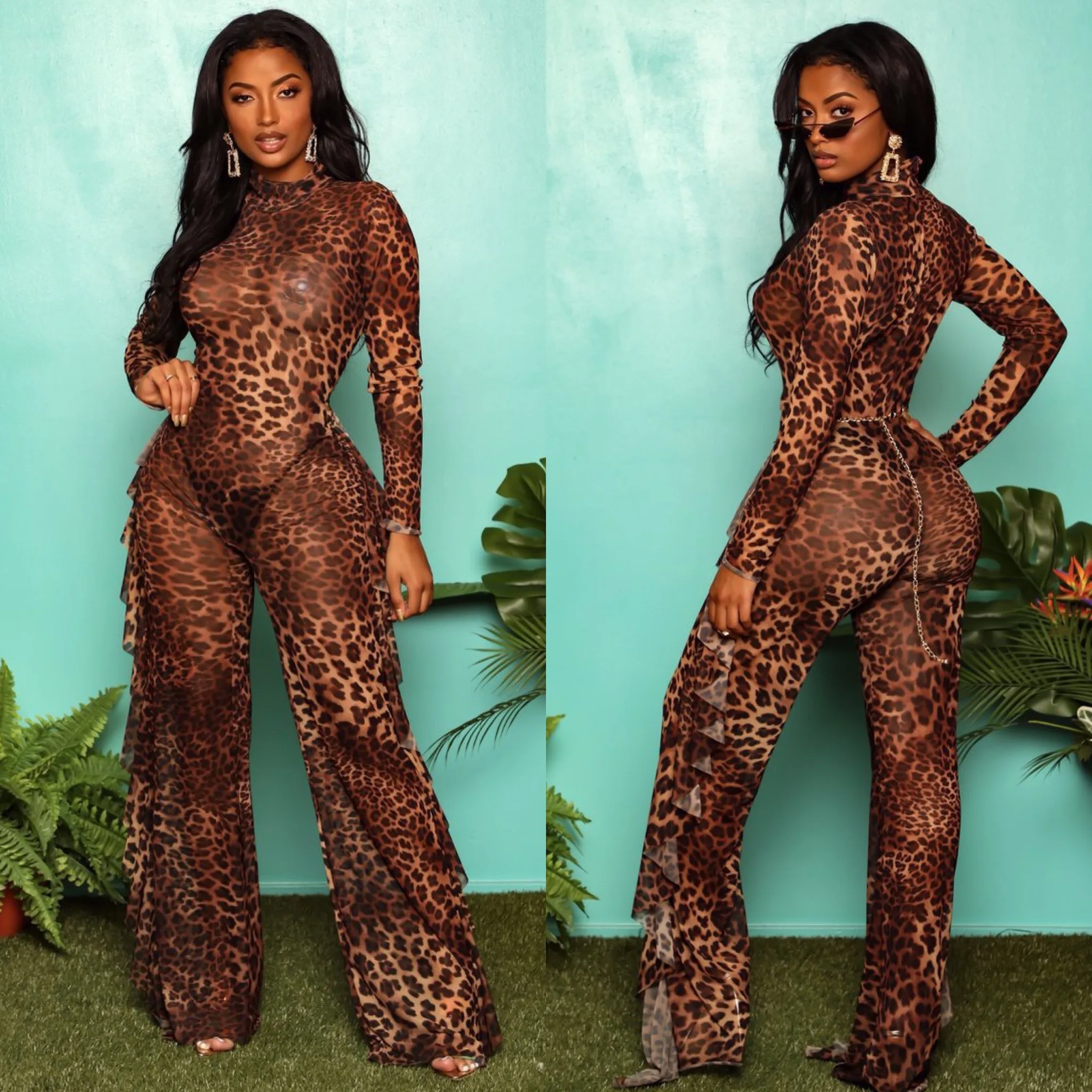 

Fall New Women Bodycon Leopard Jumpsuit Long Sleeves Mesh Rompers Sexy Party Club One Piece Set Jumpsuits