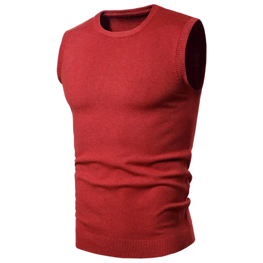 Осень и зима мужской однотонный пуловер с круглым вырезом вязаный жилет свитер без рукавов большой размер J791 - Цвет: Red