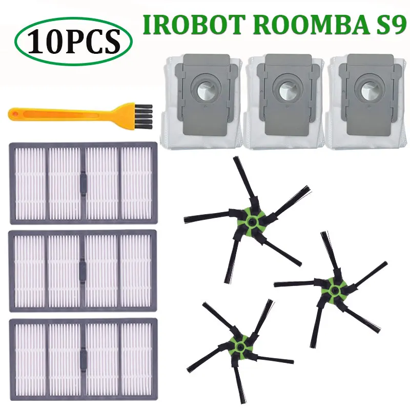 10PCS 6 боковых щеток+ 6 фильтров+ 6 пылесборников для IROBOT ROOMBA S9 S9+ Подметальные аксессуары для робота-пылесоса - Цвет: 10PCS