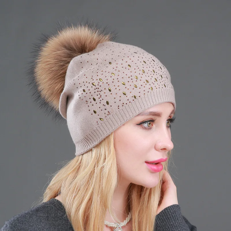 

2019 Winter Women's Wool Beanie Hat Casual Rhinestone Knitted Cashmere Slouchy Beanie with Raccoon Fur Pompom Balls Autumn Cap
