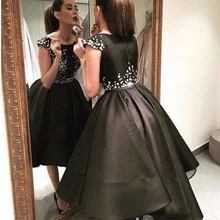 Black Homecoming Dresses Tea Length Beads Satin Hi Lo Asymmetrical Cocktail Party Dress Lady Formal Gowns Abiye Gece Elbisesi
