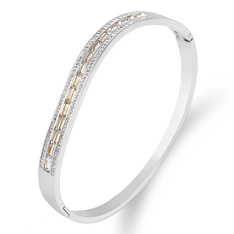 

Winter New Full Rhinestones Bracelet Titanium Steel Bracelets With Stones Geometry Sliver Bangles For Women Jewelry Wedding Gift