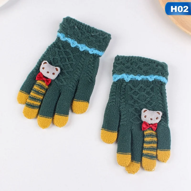 Зимние Детские перчатки, теплые вязаные перчатки, толстые варежки с рисунком медведя и бантиком для детей 4-8 лет - Цвет: H02