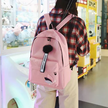 

Backpack 2020 New Korean Women's Fur Ball Pure Color Backpack Student School Bag Leisure Travel Backpack