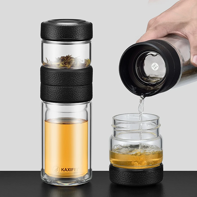 

Curge 500ML Double Walled Glass Bottle with Stainless Steel Tea Infuser Filter Business Glass Water Bottle for Man