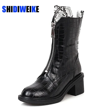 

2020 Women Soft Leather Motorcycle Boots Front Zipper Knight Snow Botas Woman Square Heel Ankle Boots Winter Footwear Femme