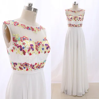 

MACloth White A-Line O Neck Floor-Length Long Embroidery Chiffon Prom Dresses Dress L 266426 Clearance