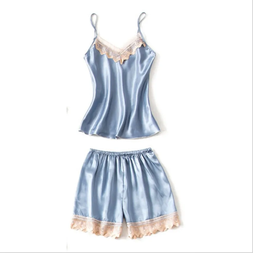 Korean-style Spring And Autumn Sexy Silk Four-piece Set Women's Summer Spaghetti Strap Pajamas Short Skirt Robe Sweet Lace Homew