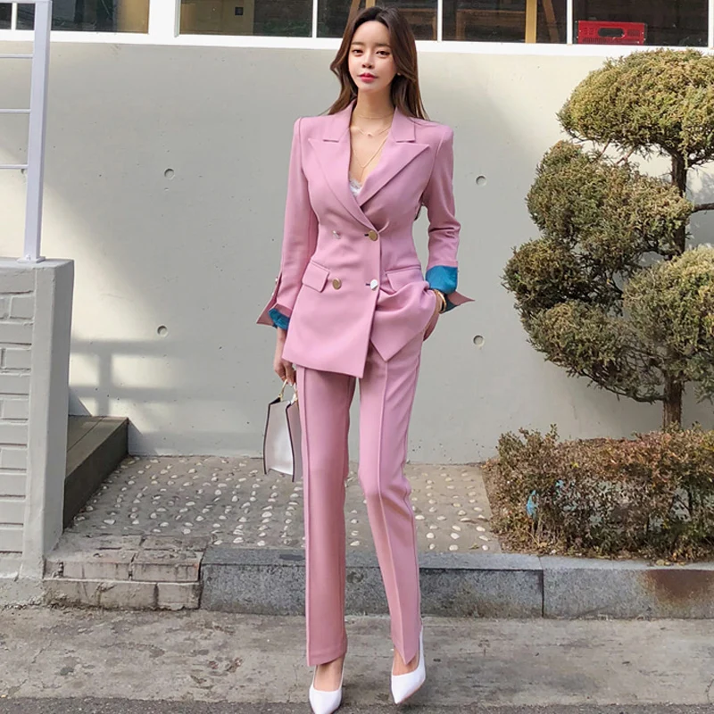 

Solid Female OL Two Piece Set Top and Pants Suit Collar Blazer Jacket & Pant Autumn 2019 High Quality Slim Women Tracksuit
