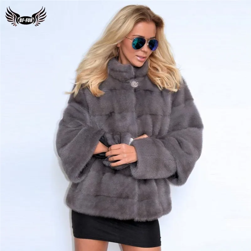 

BFFUR Natural Mink Fur Coat For Women Winter Fashion Overcoats Full Pelt Genuine Mink Fur Jackets Stand Collar Warm Coats Woman