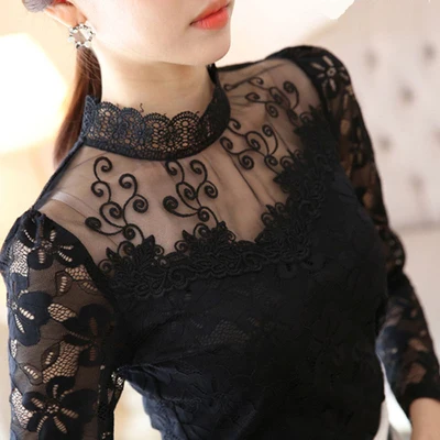 Elegant long-sleeved beaded women's lace shirt crochet shirt mesh shirt women's clothing S-5XL - Цвет: black