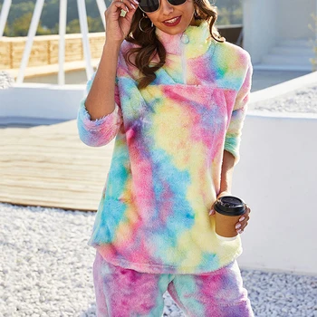 

Autumn winter top 2020 Women's Rainbow Plush Coat Gradient Fur sweatshirt Female streetwear Casual Full sweatshirt women