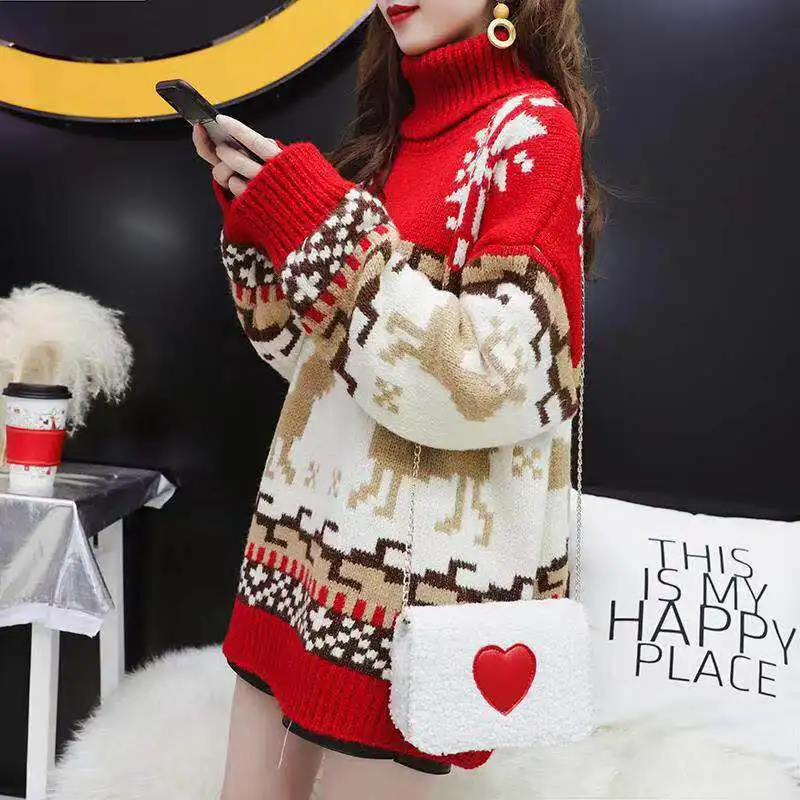 

2019 New Style Christmas Red Sweater Women's Autumn And Winter Pullover Korean-style Loose-Fit Elk Online Celebrity High Collar