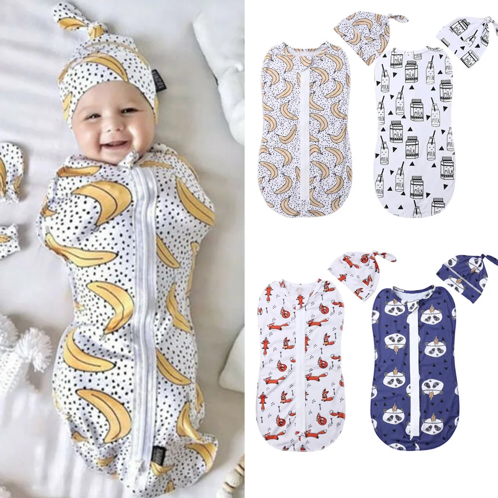 Детские спальные мешки для новорожденных; Хлопковое одеяло на молнии для пеленания; спальный мешок+ шапочка; 2 шт.; Размер 0-6 м