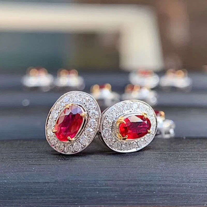 AEAW Твердое 18 к белое золото 0.58ctw/пара 0.226ct Овальный натуральный рубин с натуральным сережки с настоящим бриллиантом для женщин