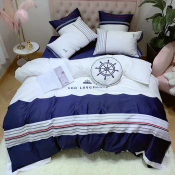 

4/7pcs Egyptian Cotton Luxury Bedding set King Queen Size Embroidery Bed set Navy Blue Stripe Duvet Cover Bedsheet set