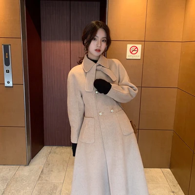 beige Abrigos Mujer Осень Зима Новая модная классическая Свободная юбка Стиль шерстяное пальто воротник с бантом длинная верхняя одежда женская одежда f140 - Цвет: beige