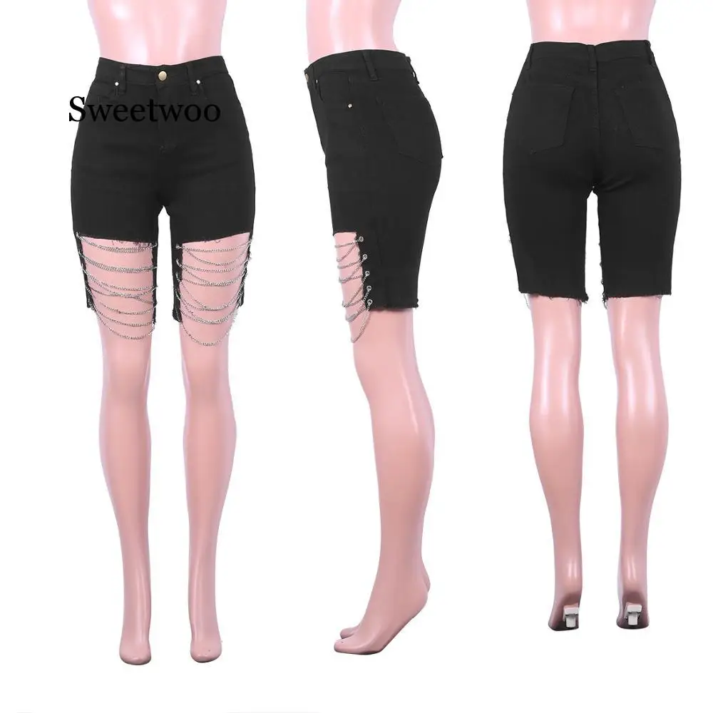 New Women Summer Streetwear Chain Hollow Out Black High Waist Knee Length Pants Light Denim Jeans Skinny Short Pants