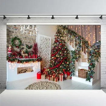 

Christmas Photo Background Family Christmas Tree Staircase Flower Basket Closet Gift Background Decorative PhotographyBackground
